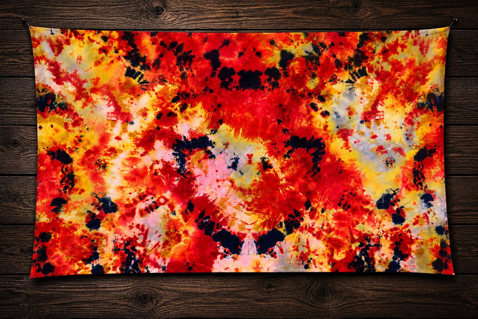 Handmade Fire Tie-Dye Tapestry – Red, Orange, Yellow & Black Psychedelic Wall Hanging | Dorm Room, Bedroom & Festival Decor