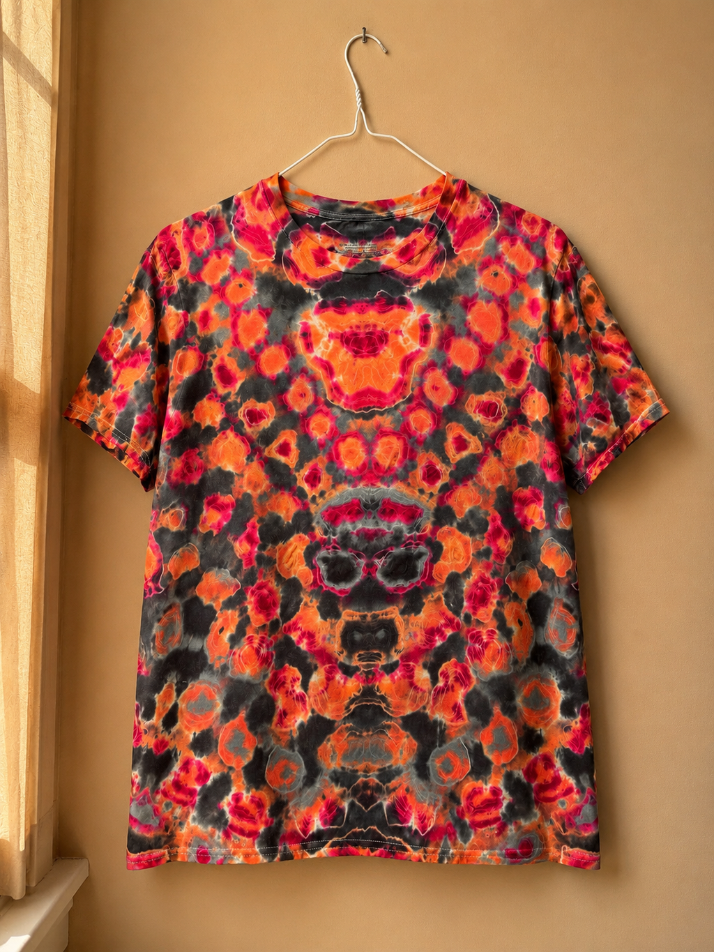 Hand-Dyed Firestorm Tie-Dye T-Shirt | One-of-a-Kind Red, Orange & Charcoal Kaleidoscope Tee | Handmade Festival Shirt | Unisex Cotton