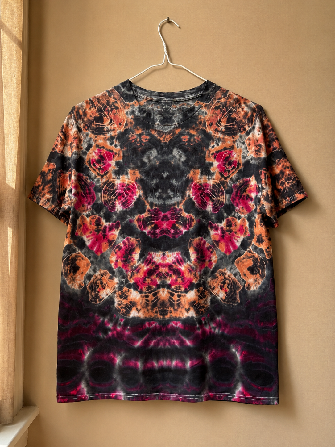 Handmade Psychedelic Tie Dye T-Shirt | Black, Magenta & Burnt Orange Ice Dyed Shirt | One-of-a-Kind Festival Graphic Tee | Truly Dyed
