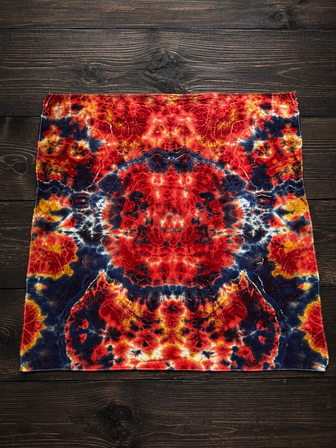 Hand-Dyed Kaleidoscope Bandana | Red, Navy & Gold Cotton Bandana | Psychedelic Festival Head Scarf | Handmade One-of-a-Kind Tie Dye