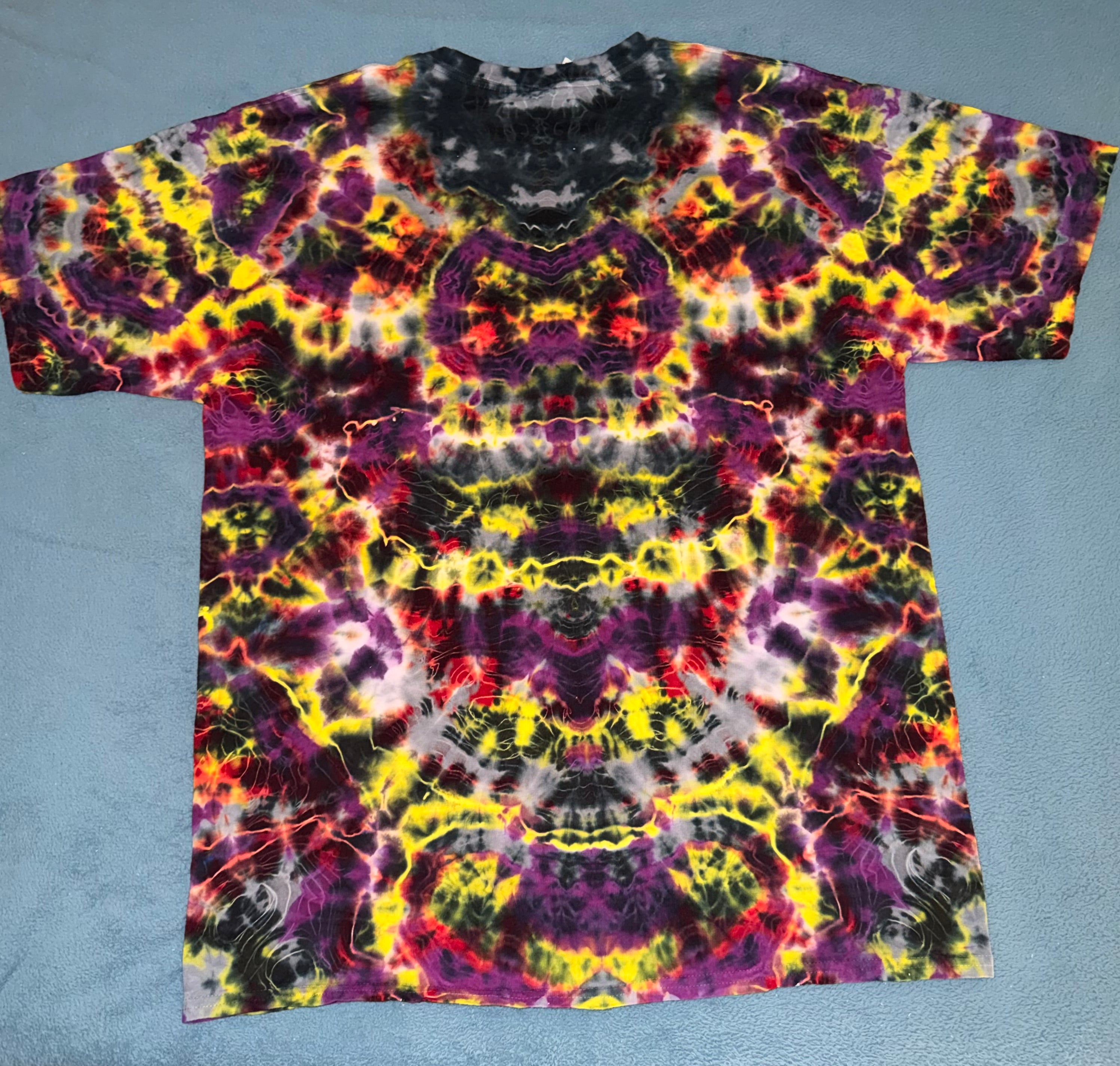 Neon Inferno Mirror Tie-Dye T-Shirt – Handmade Psychedelic Symmetrical Festival Tee, Black, Purple, Yellow & Red, Adult Unisex