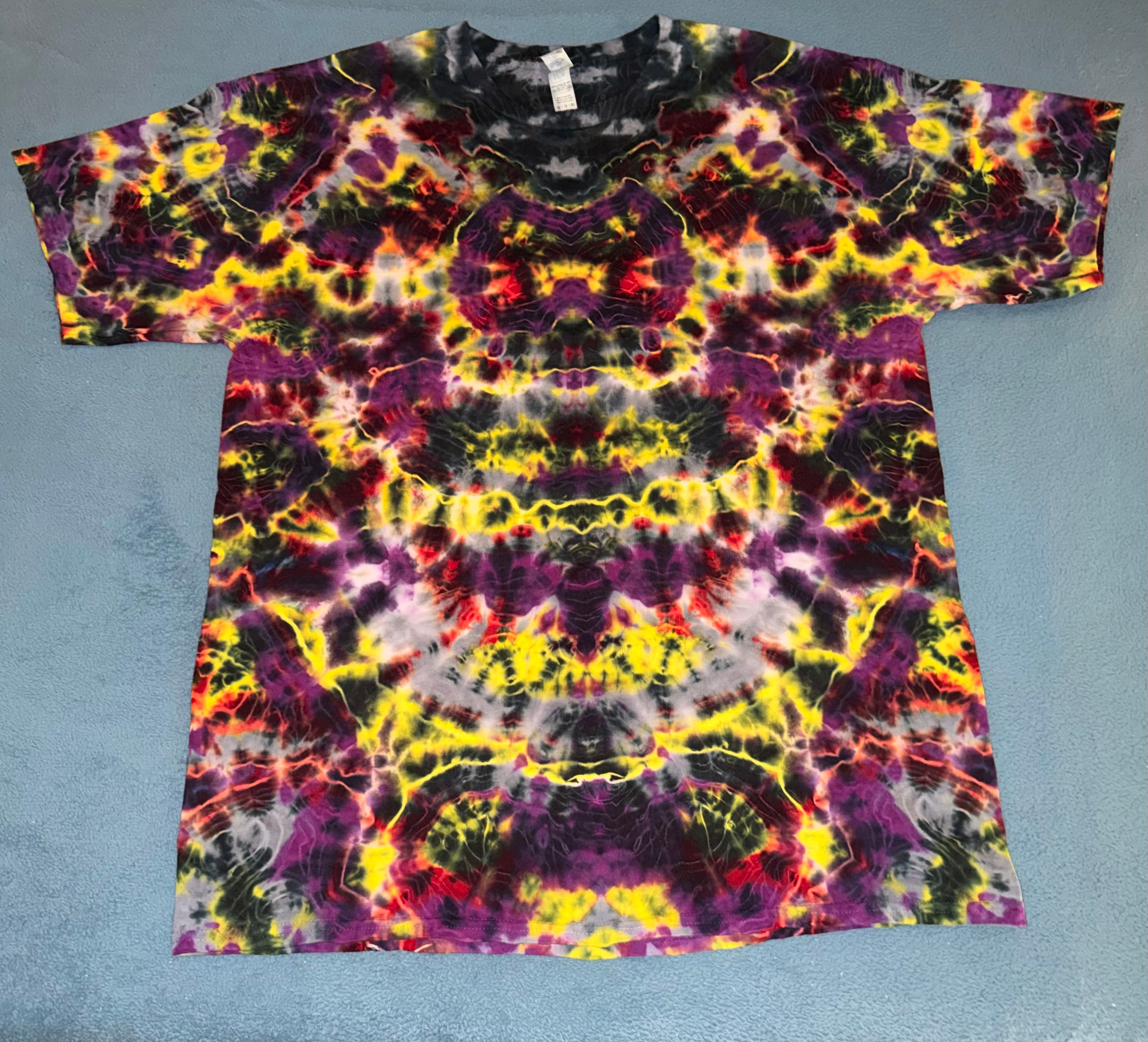 Neon Inferno Mirror Tie-Dye T-Shirt – Handmade Psychedelic Symmetrical Festival Tee, Black, Purple, Yellow & Red, Adult Unisex