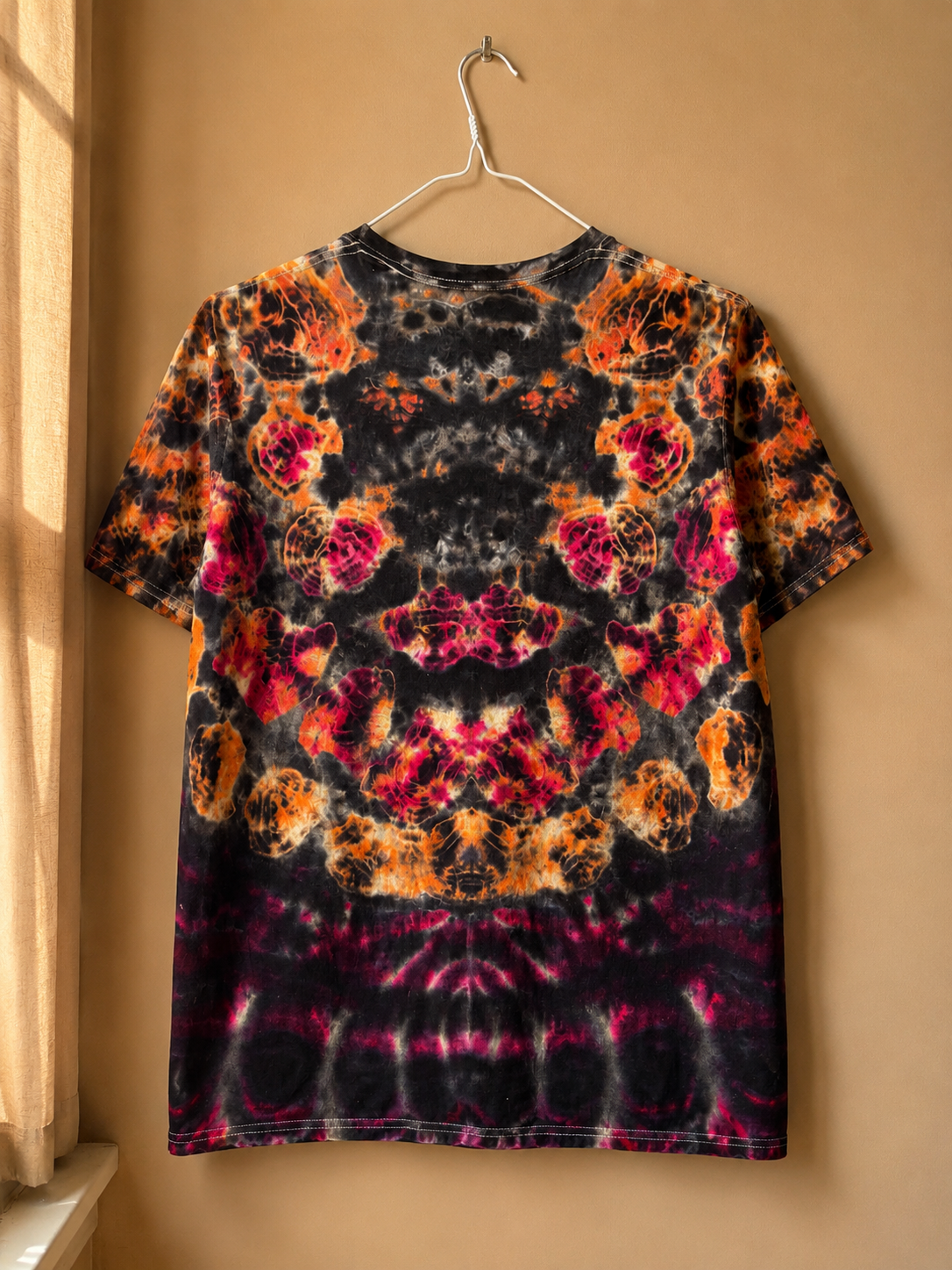 Handmade Psychedelic Tie Dye T-Shirt | Black, Magenta & Burnt Orange Ice Dyed Shirt | One-of-a-Kind Festival Graphic Tee | Truly Dyed